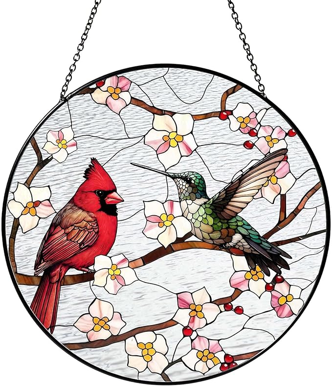 Cardinal&Hummingbird Stained Glass Window Hanging Birds Sun Catcher Cardinal Lover Gifts for Women Christmas Lovebirds Suncatchers for Garden Home Windows Hanging Decoration, 7.87inch