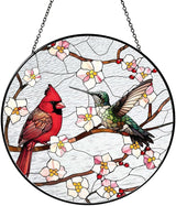 Cardinal&Hummingbird Stained Glass Window Hanging Birds Sun Catcher Cardinal Lover Gifts for Women Christmas Lovebirds Suncatchers for Garden Home Windows Hanging Decoration, 7.87inch