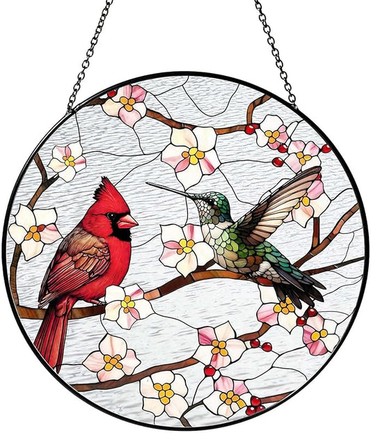 Cardinal&Hummingbird Stained Glass Window Hanging Birds Sun Catcher Cardinal Lover Gifts for Women Christmas Lovebirds Suncatchers for Garden Home Windows Hanging Decoration, 7.87inch