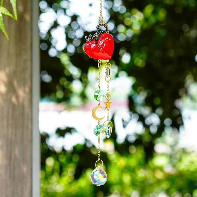 H&D HYALINE & DORA Crystal Red Heart with Cat Suncatcher Window Hanging Ornament Rainbow Maker Sun Catchers Gift for Women, Pet Lovers