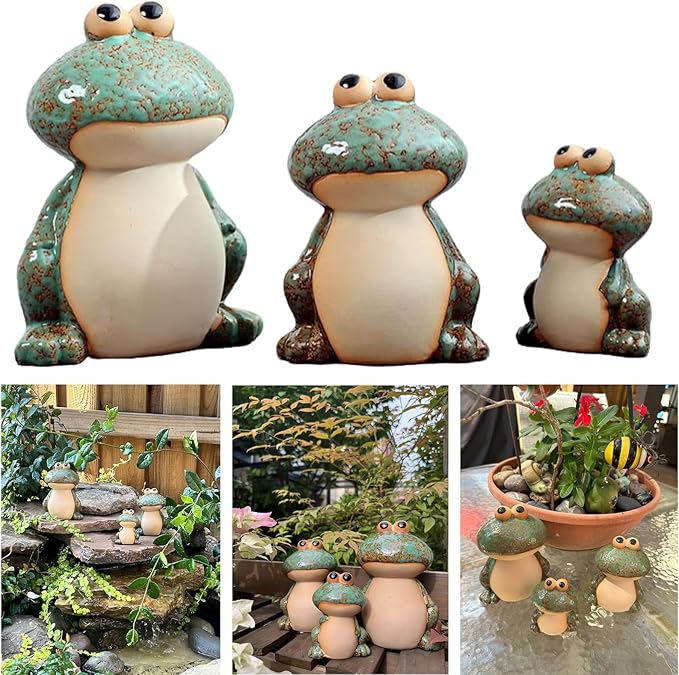 Ceramic Frog Garden Decor Set of 3 - Funny Cute Frog Lawn Ornaments, Outdoor Pond Patio Statues for Yard, Front Porch, Backyard Decor (Dad, Mom & Baby Frogs)