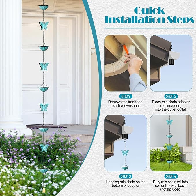 Tfro & Cile Butterfly Rain Chain Gutter Downspout Catcher Outside Water Diverter Decorative Garden Rain Cups Chime Home Decor - 8 1/2 Feet Long