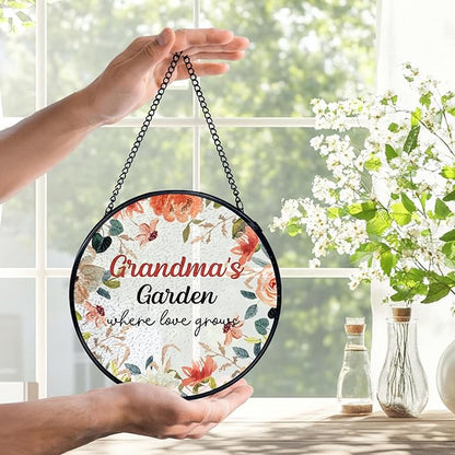 Grandma Garden Gifts Suncatchers Stained Glass Window Hanging, Grandmother Gifts for Mother's Day, Grandma's Garden Flower Sun Catchers Indoor Window, 7.9x7.9in