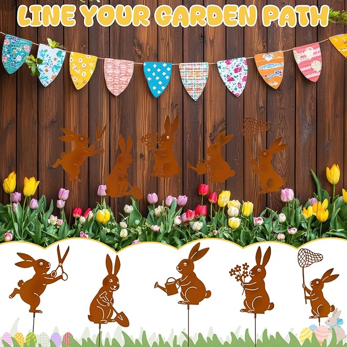 Leinuosen 5pcs Easter Bunny Garden Stakes 13 inch Metal Easter Yard Decor Rustic Rust Finish Outdoor Garden Stakes Bunny Silhouette Set for Lawn Planter Flower Pot Pathway Spring Decoration(Rusty)
