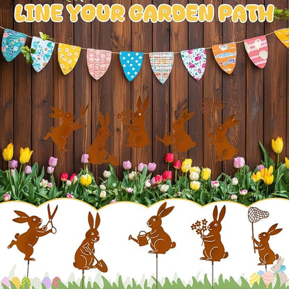 Leinuosen 5pcs Easter Bunny Garden Stakes 13 inch Metal Easter Yard Decor Rustic Rust Finish Outdoor Garden Stakes Bunny Silhouette Set for Lawn Planter Flower Pot Pathway Spring Decoration(Rusty)