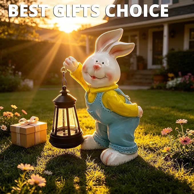Outdoor Bunny Statue Solar Lantern for Garden Yard Lawn Patio White Rabbit Figurine Decorations Housewarming for Mom Grandma Women
