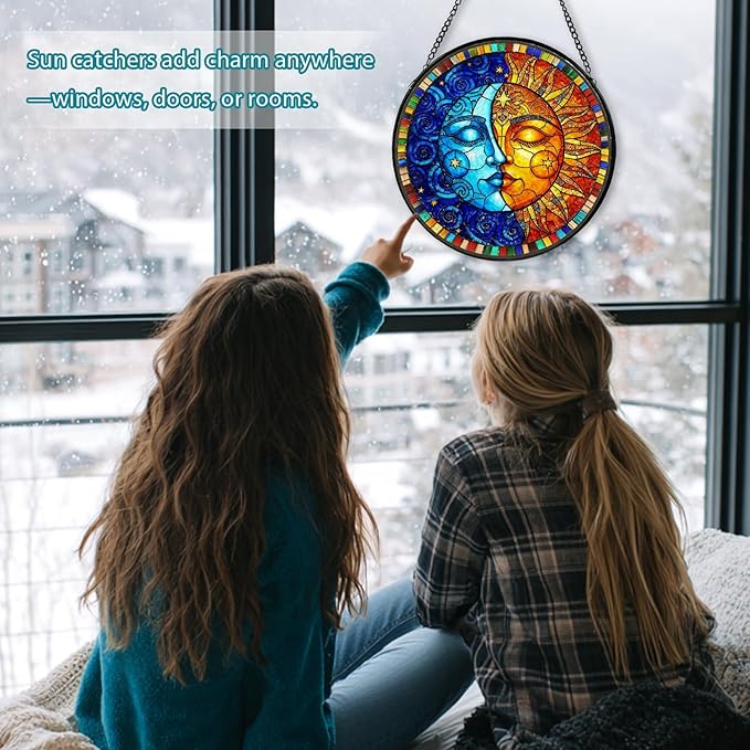 Sun and Moon Stained Glass Window Hanging, Suncatcher for Window Hanging, Moon Sun Catchers Indoor Windows Wall Art for Mom Grandma, Christmas Thanksgiving Gift, for Home Garden Office 7.87 inches