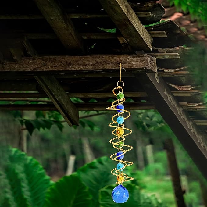 5 Pcs Wind Spinner Tail Gazing Ball Spiral 9'' for Indoor Outdoor Hanging Decor, Rainbow Maker Crystal Chime Sun Catcher w Seven Chakra Beads and Hook Decorative for Window Home Garden Birthday Gift