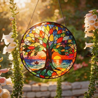 Stained Glass Tree of Life Suncatcher, Handmade Rainbow Maker Window Hanging for Garden or Home – Memorial & Sympathy Gifts, Remembrance Gift for Women Mom Family, Whimsical Decor (Colorful, Medium)