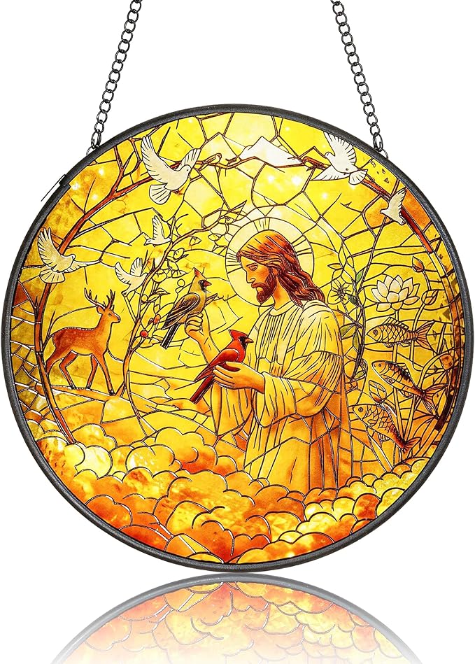 Stained Glass Window Hanging - Religious Easter Decorations with Priest & Red Bird Design - Christian Gifts, Sun Catchers Indoor Window, Catholic Wall Decor for Home, Church, Office