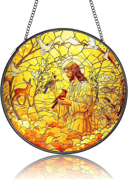 Stained Glass Window Hanging - Religious Easter Decorations with Priest & Red Bird Design - Christian Gifts, Sun Catchers Indoor Window, Catholic Wall Decor for Home, Church, Office