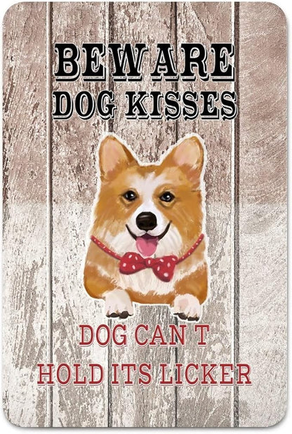 Beware Dog Kisses Dog Can't Hold Its Licker Street Metal Signs Vintage Man Cave Warning Aluminum Metal Tin Sign for Garden Patio Yard Cafe Pub Home Decor Wall Art Print Poster 8x12