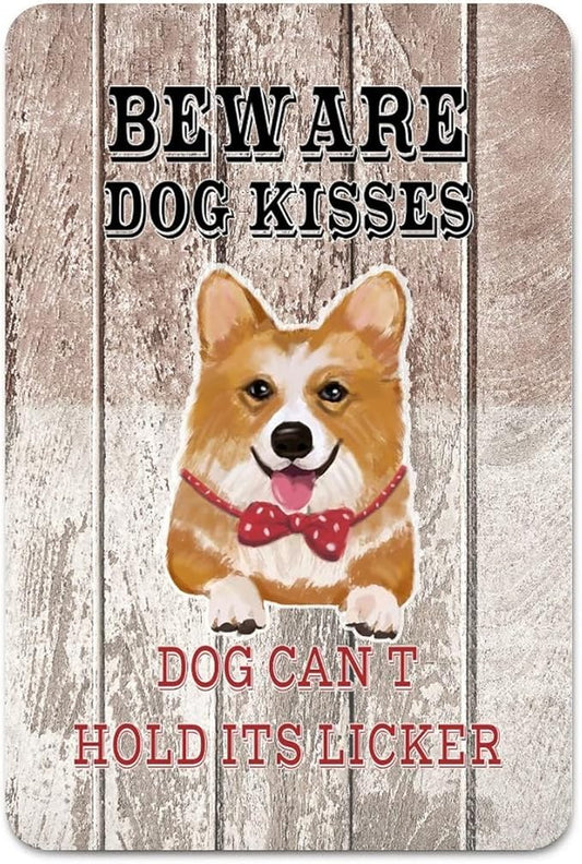 Beware Dog Kisses Dog Can't Hold Its Licker Street Metal Signs Vintage Man Cave Warning Aluminum Metal Tin Sign for Garden Patio Yard Cafe Pub Home Decor Wall Art Print Poster 8x12