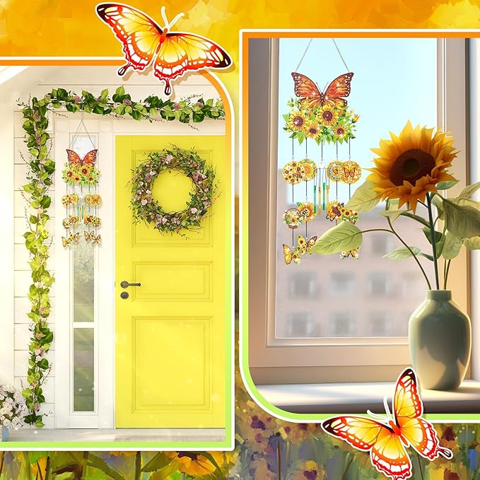 GlikCeil Diamond Art Wind Chimes 3D Sunflower Butterfly DIY Diamond Art Kits Painting Suncatcher Wind Chime with Double Sided Crystal Hanging Ornament for Garden Decor(Sunflower Butterfly)
