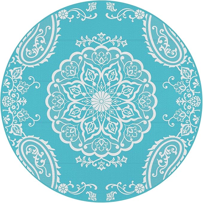 Pauwer Waterproof Outdoor Rug 6ft, Reversible Plastic Straw Patio Camping Rug, Indoor Outdoor RV Mat Carpet for Deck, Camper, Porch, Balcony, Backyard, Picnic, Boho Teal