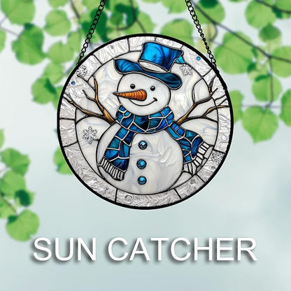 DASTOLL Stained Glass Window Hanging Christmas Snowman Blue White 7.8" - Suncatcher Door Garden Sun Catcher Home Decor Birthday Mother's Day Xmas Gift for Mom Men Woman Her Nana Parents Girl