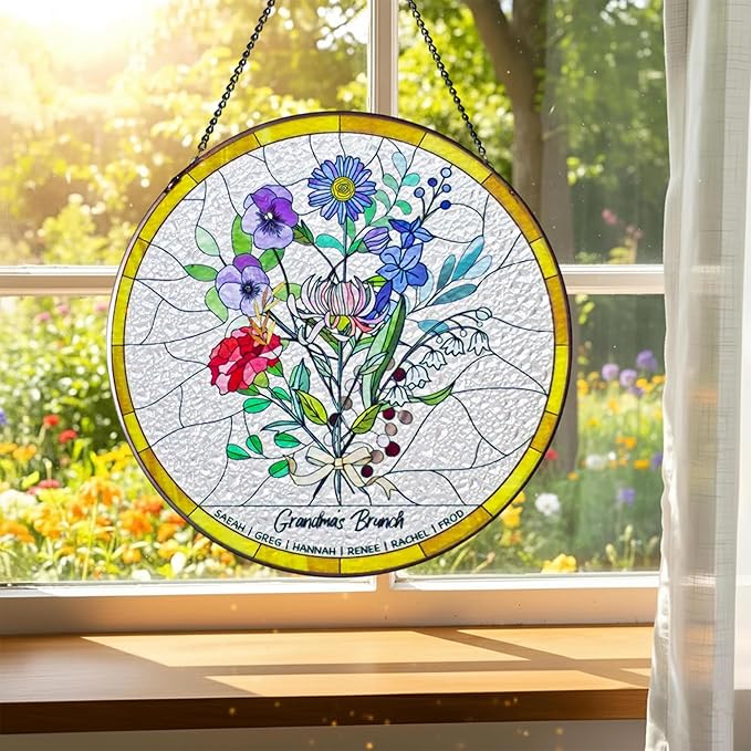 Personalized Grandma Stained Glass Sun Catcher, Custom Birth Month Flower Stained Glass, Grandma's Garden Suncatcher Window Hanging Ornament, Mothers Day Grandma Mom Gifts, Gifts for Nana Mimi 1