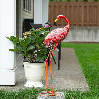 Zingz & Thingz Durable Iron Outdoor Garden Décor Bright Pink Standing Flamingo Statue, 14.25x7.75x33, Looking Back