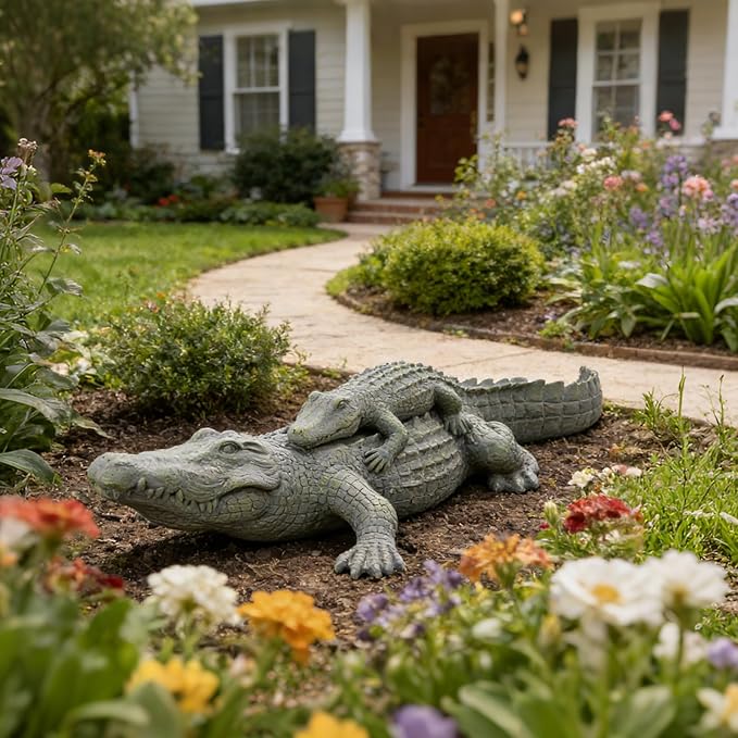 DiliComing Outdoor Alligator Statue Garden Decor - 28 Inch Realistic Resin Crocodile Garden Statues Mother & Baby Alligator Sculpture for Yard Lawn Beach Pool Decorations Gator Gifts