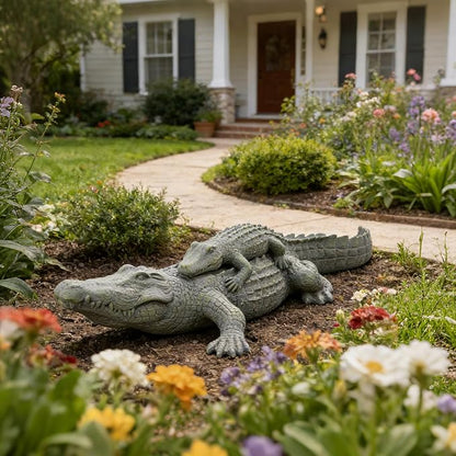 DiliComing Outdoor Alligator Statue Garden Decor - 28 Inch Realistic Resin Crocodile Garden Statues Mother & Baby Alligator Sculpture for Yard Lawn Beach Pool Decorations Gator Gifts