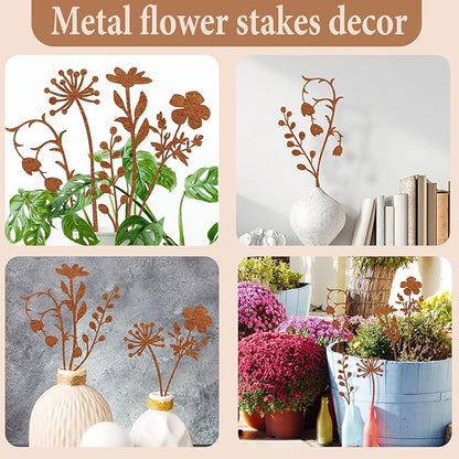 Metal Flowers Garden Stakes, Flower Bed Decor Plant Stakes, Rusted Metal Flower Plant Art for Outside, Yard Art Outdoor for Lawn Yard, Walkway Flower Garden Pots