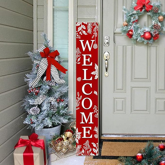 Christmas Porch Sign Xmas Welcome Sign Vertical Standing Sign For Front Porch Decor Farmhouse Wall Hanging for Patio Yard Party Indoor Outdoor Winter Holiday Decoration 47.2"H Red