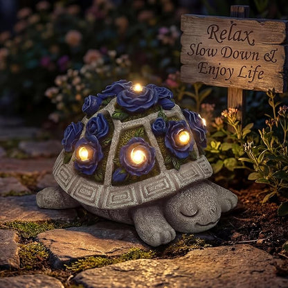Solar Garden Outdoor Decor Turtle Statue with Dark Blue Roses & 7 LED Lights – Outside Tortoise Decor for Yard Patio Balcony & Backyard - Home House Decoration Art- Gift for Women Mom & Grandma