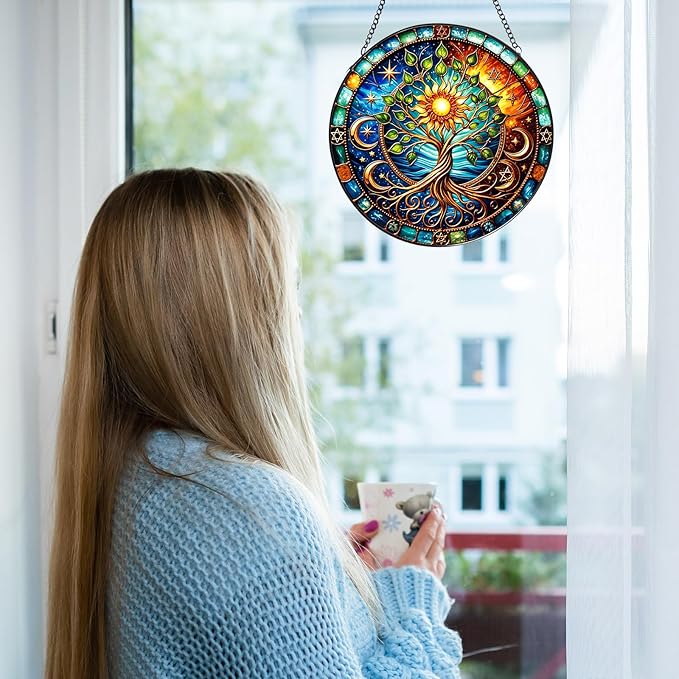 Tree of Life Stained Glass Window Hanging,7.87 Inch Sun Catcher Indoor Window Decorations Panel,Decor for Home,Garden,Festival,Mother’s Day,Housewarming Gift for Mom