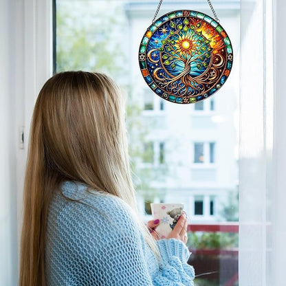 Tree of Life Stained Glass Window Hanging,7.87 Inch Sun Catcher Indoor Window Decorations Panel,Decor for Home,Garden,Festival,Mother’s Day,Housewarming Gift for Mom