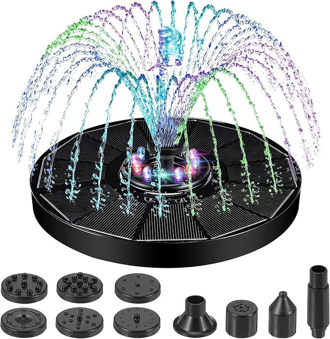 Jhua Solar Fountain for Bird Bath Pump with Led Lights Solar Powered Water Pump Kit with 8 Nozzles 200L/H Floating Water Fountain for Outdoor Garden Ponds Pool Fish Tank Aquarium