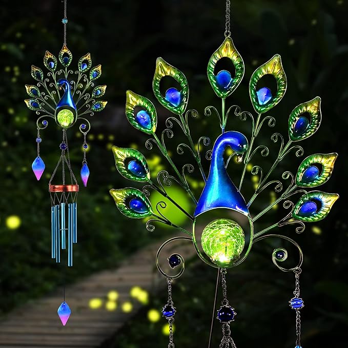 Pearlstar Solar Wind Chimes Outdoor, 53.5" Large Peacock Wind Chimes Light with Crackle Glass Ball, Waterproof Colorful Metal Peacock Wind Chimes for Garden Patio Porch Yard Home Decor Memorial Gift…