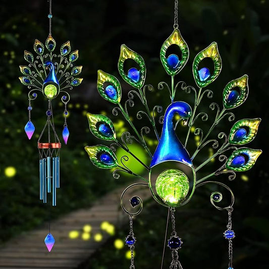 Pearlstar Solar Wind Chimes Outdoor, 53.5" Large Peacock Wind Chimes Light with Crackle Glass Ball, Waterproof Colorful Metal Peacock Wind Chimes for Garden Patio Porch Yard Home Decor Memorial Gift…
