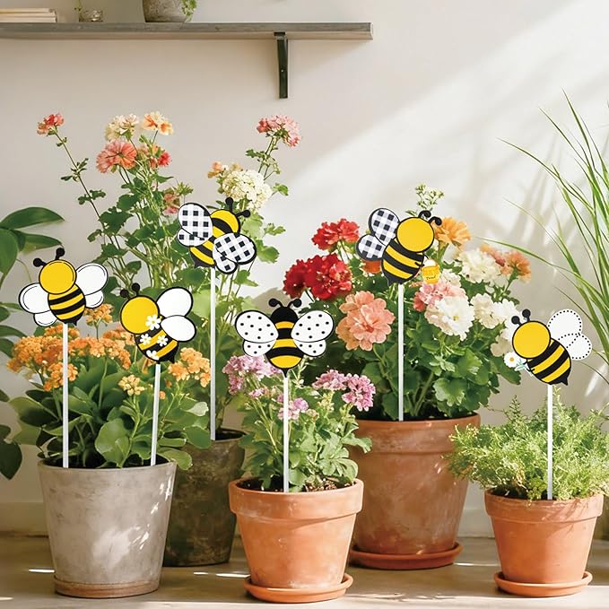 Metal Bee Planter Stakes - 6Pcs Cute Bumble Bee Yard Sign Decorative Garden Stake for Planter Outdoor Backyard Pathway Lawn Plant Flower Pots Decoration Spring Summer Easter Day Party Supply