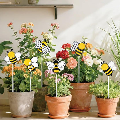 Metal Bee Planter Stakes - 6Pcs Cute Bumble Bee Yard Sign Decorative Garden Stake for Planter Outdoor Backyard Pathway Lawn Plant Flower Pots Decoration Spring Summer Easter Day Party Supply