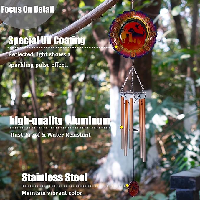 Wind Chimes with Dog Cat Pet 3D Display Wind Spinner for Outside Garden Patio Yard Decor, Metal Decorative Windchimes Outdoor Hanging Gift for Mom Women Grandma Wife, for Christmas, Birthday