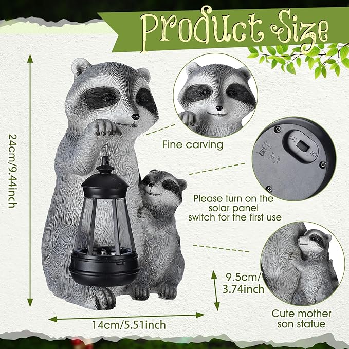Pinkunn 9.5 Inch Solar Raccoon Family Garden Statues with LED Lights Home Decorations Outdoor Garden Raccoon Statue for Patio Balcony Yard Lawn Ornament Housewarming Birthday Gifts for Women