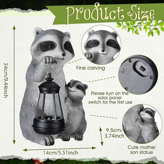 Pinkunn 9.5 Inch Solar Raccoon Family Garden Statues with LED Lights Home Decorations Outdoor Garden Raccoon Statue for Patio Balcony Yard Lawn Ornament Housewarming Birthday Gifts for Women