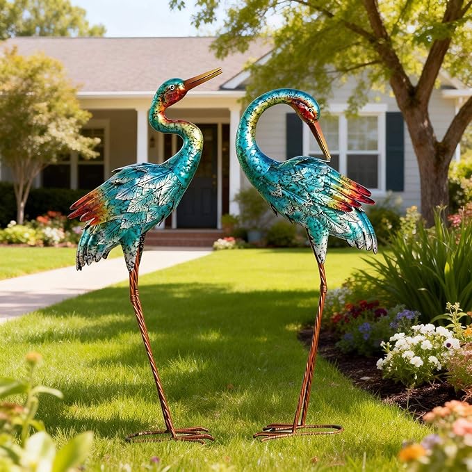 Natelf Crane Statues for Garden Decor, Blue Heron Sculptures, Metal Large Birds Lawn Sculptures & Statue for Patio Pond, Yard Decorations, Set of 2
