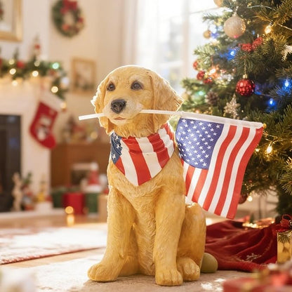 Cynkeyee Outdoor Garden Decor Dog Statue - Large Resin Puppy with American Flag Statues Sculpture for Outside Yard Lawn Home Decor Americana Patriotic Decorations 12.5x8.5x13.5 Inch