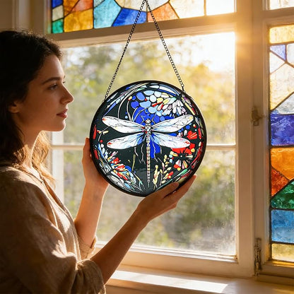Stained Glass Window Hanging - Dragonfly Suncatcher for Door Terrace Garden Kitchen Home Decor, Sun Catchers Decoration for Christmas, Mother's Day and Birthday Gifts for Women, Men, and Mom 6.3 in