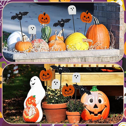 6 Pcs Wood Pumpkin Ghost and Bat Garden Stakes Yard Decor Set for Halloween Indoor Outdoor Lawn Pathway Patio Ornaments