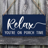 JXREQ Relax Sign, Front Door Sign, Outdoor Porch Wall Decor Wood Hanging Sign for Home Backyard Patio, Relax You're On Porch Time Sign, 12x6 Inch, Navy Blue