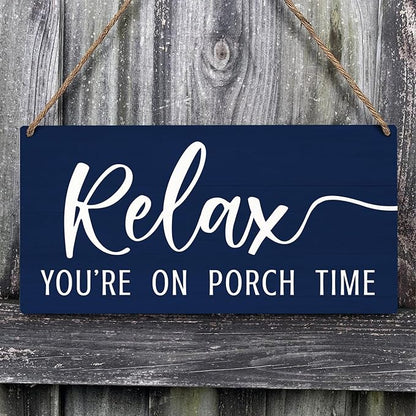 JXREQ Relax Sign, Front Door Sign, Outdoor Porch Wall Decor Wood Hanging Sign for Home Backyard Patio, Relax You're On Porch Time Sign, 12x6 Inch, Navy Blue