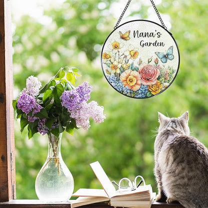 Nana's Garden Gifts Stained Glass Suncatcher for Grandma from Grandkids, Nana Grandma Gifts Window Hanging Wall Art Decoration for Mothers Day Christmas Birthday, 7.8 x 7.8 in