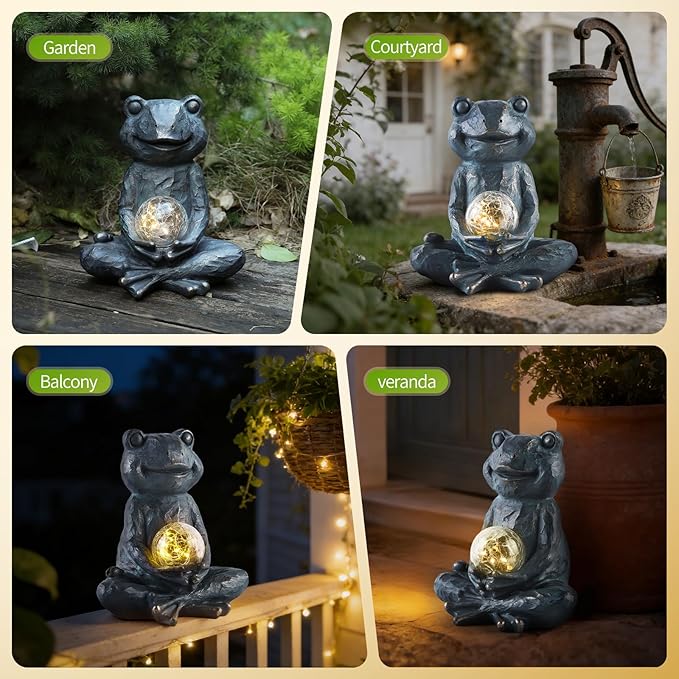 Solar Meditation Frog Garden Statue with Crackle Glass Ball Light, Zen Outdoor Decor, Waterproof Solar Powered Garden Sculpture, 8.7"