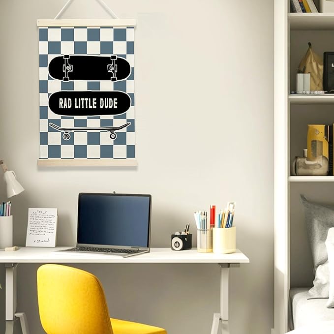 NQDWX Skateboard & Blue Checkered Little Man Cave Banner - Boys Room Wall Decor, 12x17 Inch Canvas Hanging Flag with Wood Frame, Cool Preppy Skate Poster for Bedroom, Playroom & Nursery. (130)