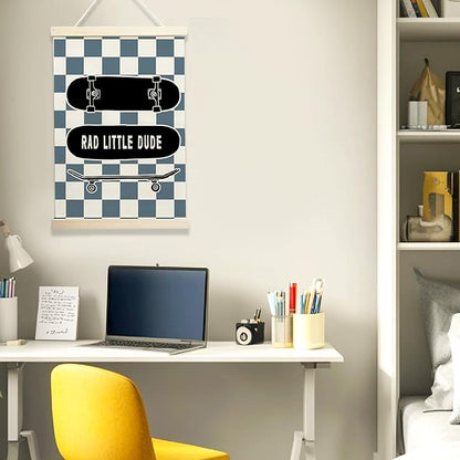 NQDWX Skateboard & Blue Checkered Little Man Cave Banner - Boys Room Wall Decor, 12x17 Inch Canvas Hanging Flag with Wood Frame, Cool Preppy Skate Poster for Bedroom, Playroom & Nursery. (130)