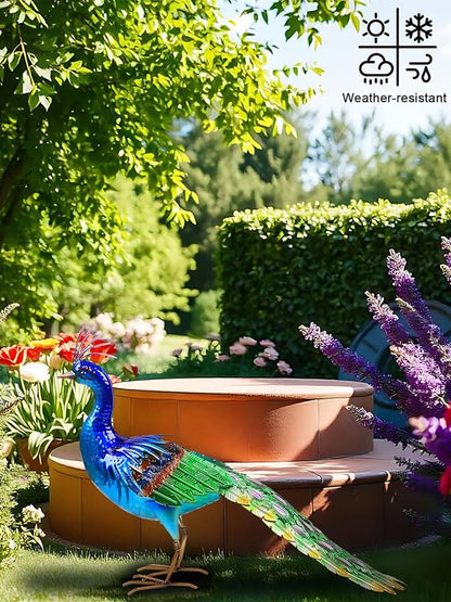 YEAHOME Garden Decor Outdoor Statues, 24.4" Large Metal Peacock Standing Yard Art, Blue Green Bird Lawn Sculptures Garden Decor for Outside Patio Porch Backyard