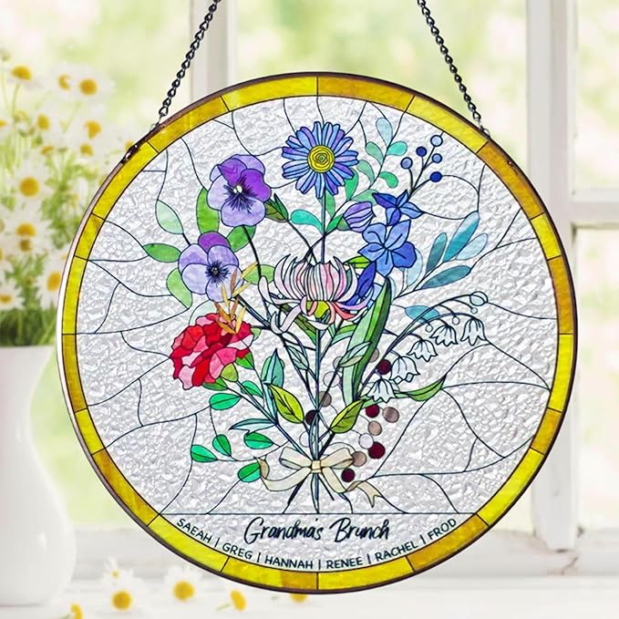 Personalized Grandma Stained Glass Sun Catcher, Custom Birth Month Flower Stained Glass, Grandma's Garden Suncatcher Window Hanging Ornament, Mothers Day Grandma Mom Gifts, Gifts for Nana Mimi 1