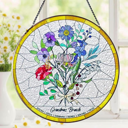 Personalized Grandma Stained Glass Sun Catcher, Custom Birth Month Flower Stained Glass, Grandma's Garden Suncatcher Window Hanging Ornament, Mothers Day Grandma Mom Gifts, Gifts for Nana Mimi 1